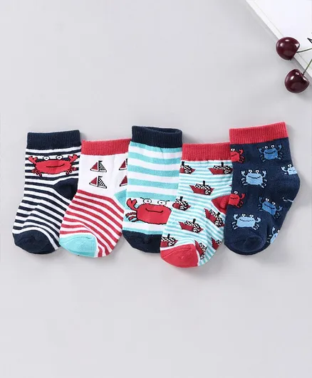 Cutewalk by Babyhug Anti-bacterial Ankle Length Terry Socks Pack of 5 Crab Design - Blue Navy White