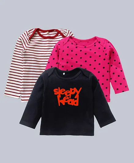Kadam Baby Pack Of 3 Full Sleeves Striped & Sleepy Head Printed Tee - Pink & Navy Blue