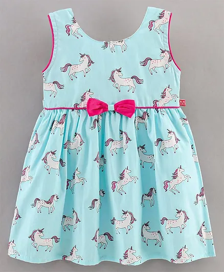 Twetoons Sleeveless Frock with Bow Unicorn Print - Aqua Blue