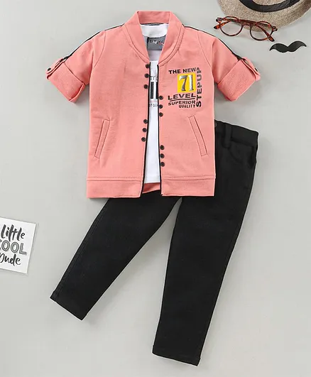 Dapper Dudes Full Sleeves Printed Jacket With Tee & Pants - Peach