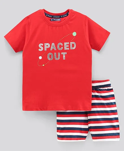 Pine Kids Biowashed Half Sleeves Night Suit Text Print - Red