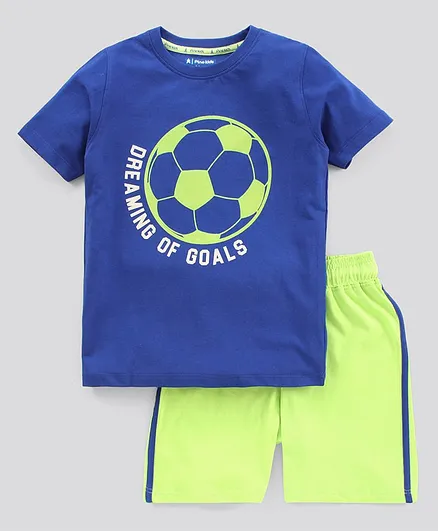 Pine Kids Biowashed Half Sleeves Night Suit Text & Football Print - Royal Blue Green