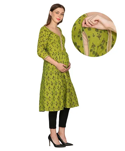 Mum's Caress Three Fourth Sleeves Floral Print Maternity Feeding Kurti - Green