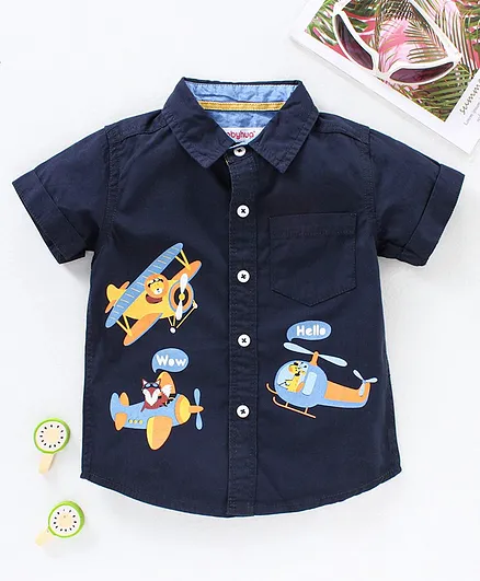 Babyhug Half Sleeves Woven Cotton Shirt Aeroplane Print - Navy