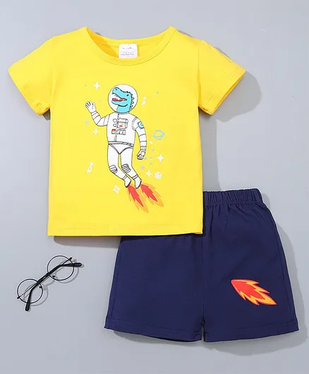 Kookie Kids Half Sleeves T-Shirt & Shorts Set Space Print - Yellow