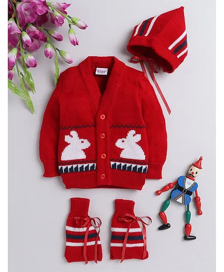 Little Angels Full Sleeves Bunny Design Sweater With Cap & Mittens - Red