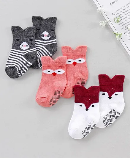Nuluv Cotton Blend Ankle Length Anti Skid Socks Animal Design Pack of 3 - Red Pink Grey