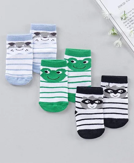 Nuluv Cotton Blend Ankle Length Anti Skid Socks Animal Design Pack of 3 - Green blue