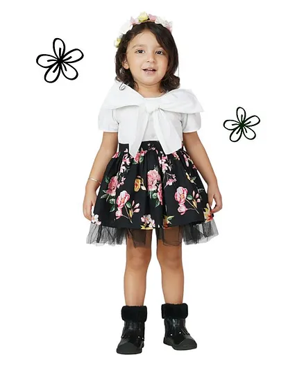 Dress My Angel Half Sleeves Floral Print Dress - Black