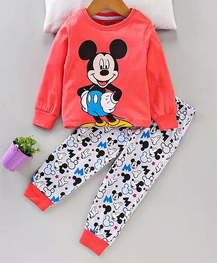Babyhug Disney Full Sleeves Night Suit Mickey Mouse Print - Red Grey