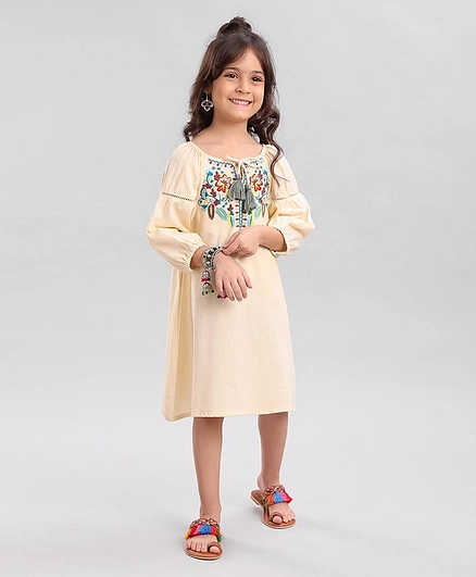 Babyhug Three Fourth Balloon Sleeves Embroidered Ethnic Top - Cream