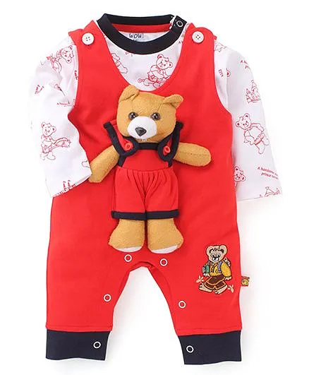 Wow Clothes Teddy Bear Appliqued Romper With T-Shirt - Red & White