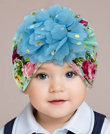 SYGA Cotton Floral Baby Beanie Cap With Big Bow Blue - Diameter 18 cm