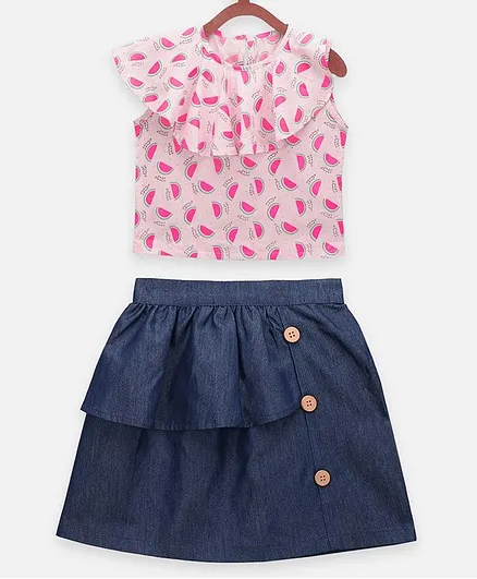 Lilpicks Couture Sleeveless Watermelon Print Top With Denim Skirt - Pink