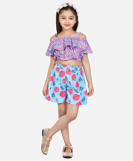 Lilpicks Couture Off Shoulder Half Sleeves Coordinated Print Top And Roses Print Shorts Set - Purple And Blue