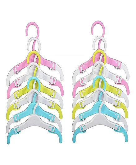 Koochie Koo Telescopic Adjustable Extendable Anti Slip Plastic Hanger with Hooks Pack of 12 - Multicolour