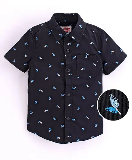 Under Fourteen Only Half Sleeves Leaves Printed Shirt - Black