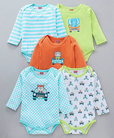 Babyhug 100% Cotton Full Sleeves Striped Onesies Animals Print Pack of 5 - Multicolor