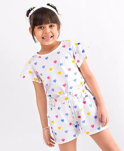 Ollington St. Short Flutter Sleeves Top and Shorts Set with Hairband Hearts Print - White