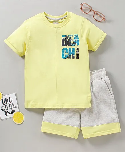 Ollington St. Half Sleeves Tee & Shorts Mickey Mouse Print - Light Yellow & Grey