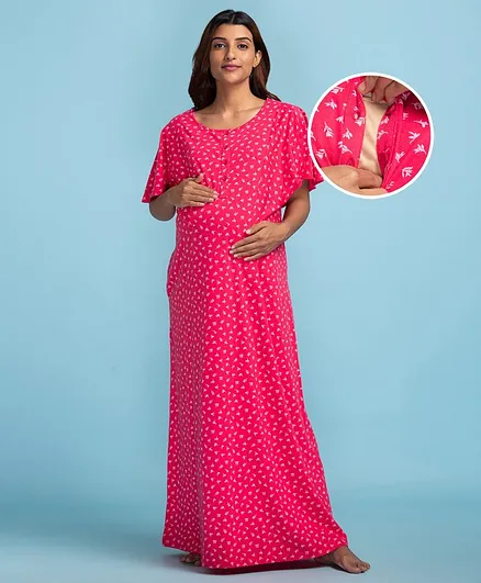 Bella Mama Half Sleeves Cotton Maternity and Nursing Nighty Printed - Pink