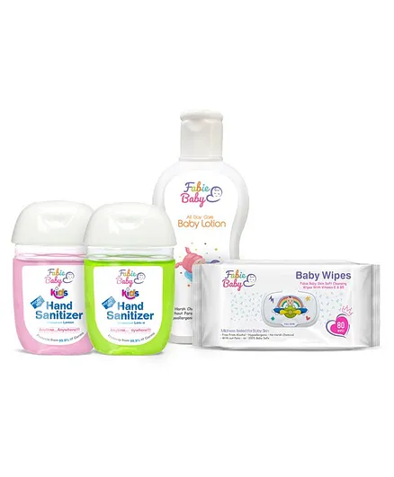 Fabie Baby Wipes Sanitizer And Body Lotion Combo Pack of 3 - 80 Pieces 30 ml each