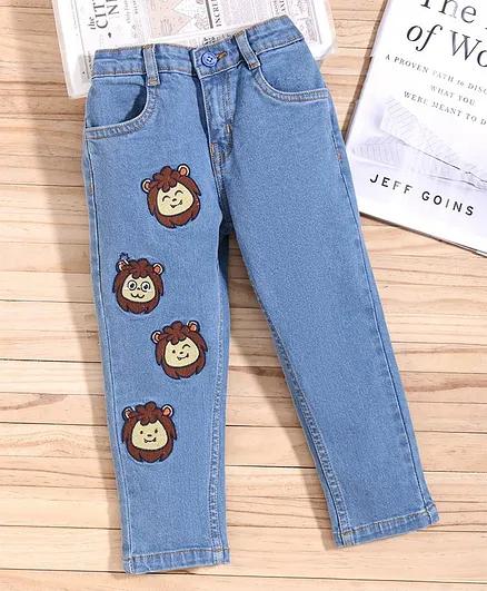 Babyoye Cotton Lycra Full Length Denim Jeans Monkey Embroidery - Light Blue
