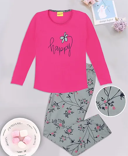 punkster Full Sleeves Happy Print Night Suit - Pink