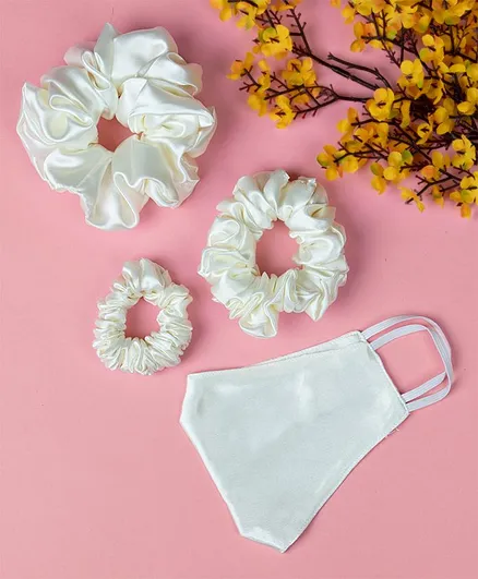 Arendelle Pack Of 3 Satin Scrunchies With Face Mask - White