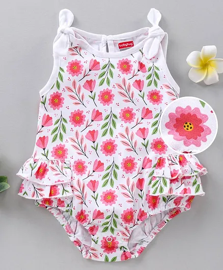 Babyhug 100% Cotton Onesie with Shoulder Tie Up & Floral Print - Pink