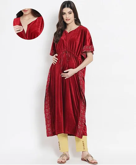 Aujjessa Half Sleeves Foil Printed Hem Velvet Kaftan Style Maternity Feeding Kurta And Buttons Applique Trousers - Maroon