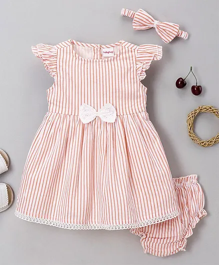 Babyhug 100 % Cotton Sleeveless Frock with Bloomer and Hairband Stripes Print- Pink