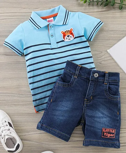 Babyhug Half Sleeves Striped Polo Tee and Shorts Set - Light Blue Dark Blue