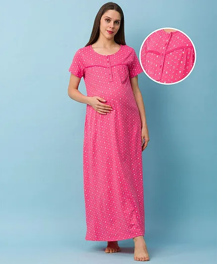 Bella Mama Half Sleeves Maternity & Nursing Nighty Floral Print - Pink