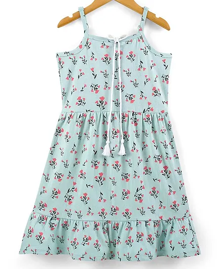 Pine Kids Sleeveless Bio Wash Frock Floral Print- Blue