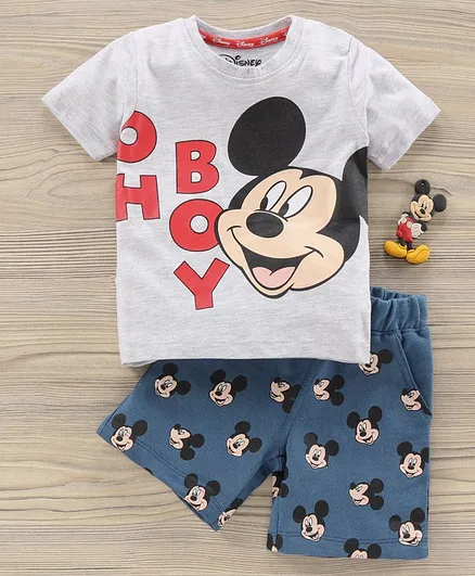 Babyhug Half Sleeve T-Shirt and Knee Length Shorts Mickey Mouse Print - Grey Blue