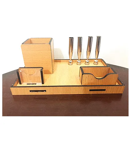 WISSEN Wooden Desk Organiser 8 Inch 4 Holder Pen Stand Model 1 (Color May Vary)