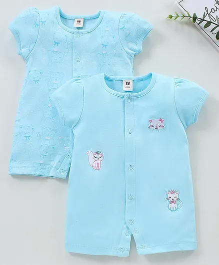 ToffyHouse Half Sleeves Rompers Animals Print with Patch Pack of 2 - Blue