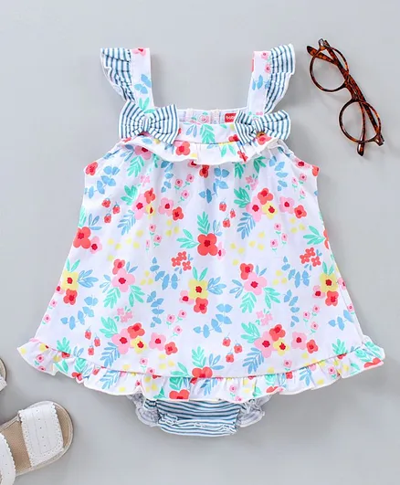 Babyhug 100% Cotton Short Frill Sleeves Onesie Floral Print - Blue White