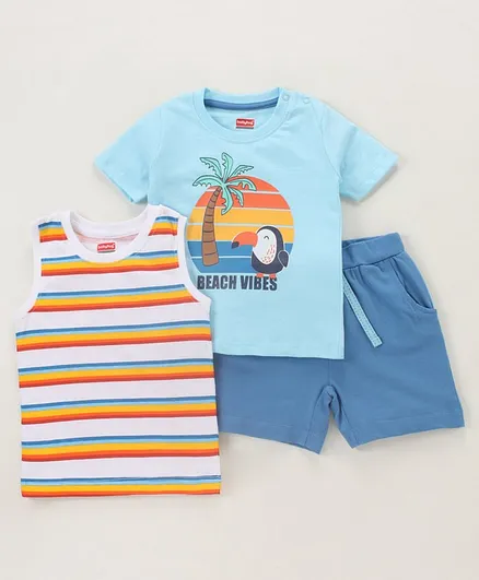 Babyhug Sleeveless & Half Sleeves T-Shirts & Shorts Set Beach & Stripes Print - Multicolour