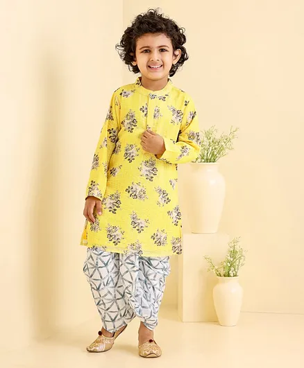 Babyhug Full Sleeves Cotton Printed Kurta & Dhoti Set - Yellow