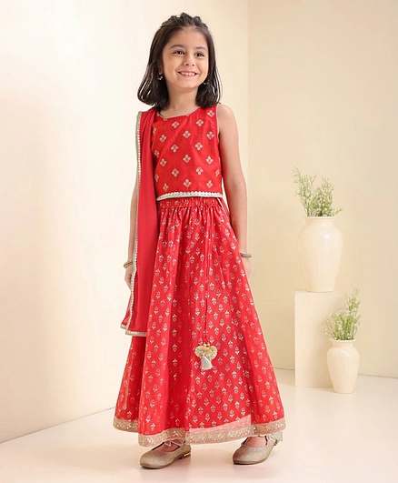 Babyhug Sleeveless Embroidered Choli & Flared Lehenga with Dupatta - Red