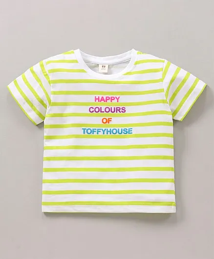 ToffyHouse Half Sleeves Cotton T-shirt Striped and Text Print - Fluorescent Green