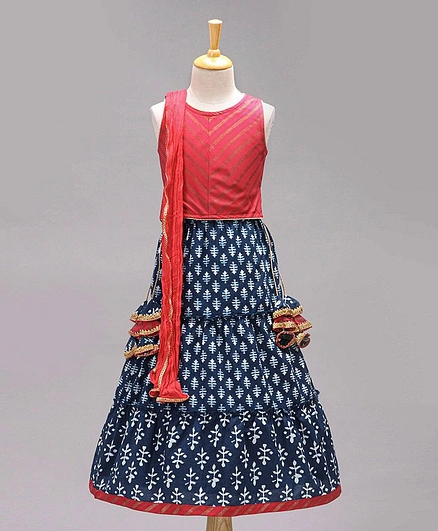 Babyhug Sleeveless Lehenga Choli With Dupatta - Blue Red