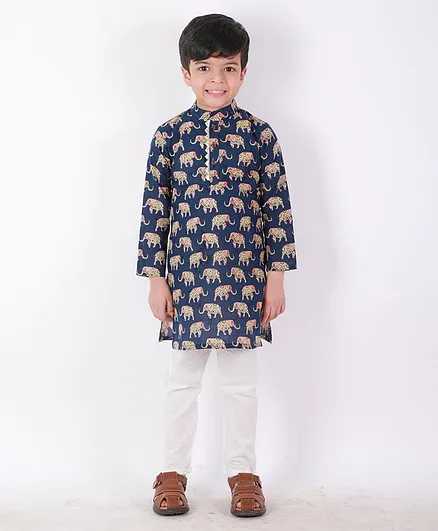 CHAKORI Full Sleeves Ethnic Elephant Kurta With Pajama - Blue