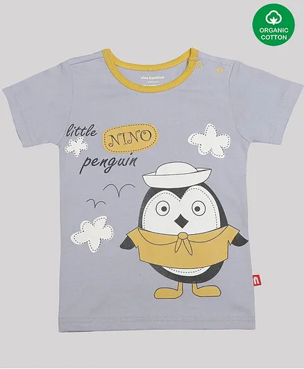 Nino Bambino 100% Organic Cotton Half Sleeves Penguin Print Tee - Grey