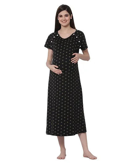 FASHIONABLY PREGNANT Half Sleeves Flower Bud Motif Print Maternity And Feeding Night Dress - Black