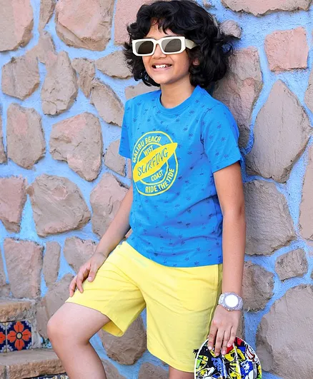 Ollington St. Half Sleeves T-Shirt & Shorts Set Surfing Print- Blue Yellow