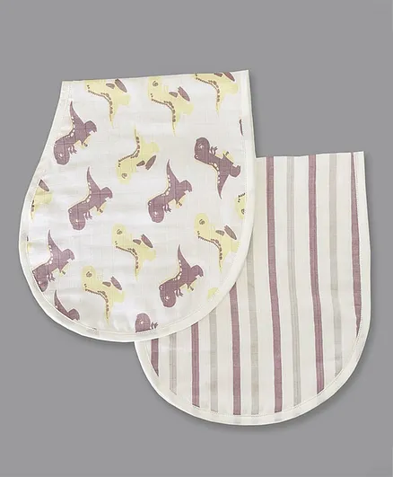 Oranges and Lemons Dino Print & Striped Bibs Pack 2 - Purple Yellow