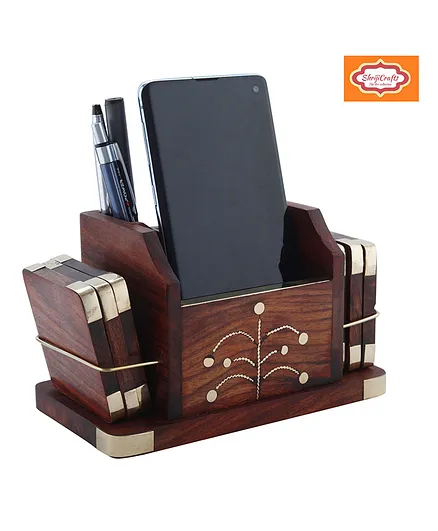 ShrijiCrafts Handcrafted Wooden Stationary Organizer - Brown